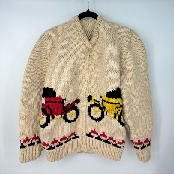 VINTAGE 1970s HAND KNIT Wool Vintage Ford Car Thick Heavy Knit Zip Up Jacket - Picture 1 of 8